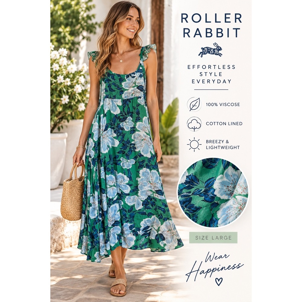 Roller Rabbit Green Floral Ruffle Strap Midi Dress Large Viscose Cotton Lining